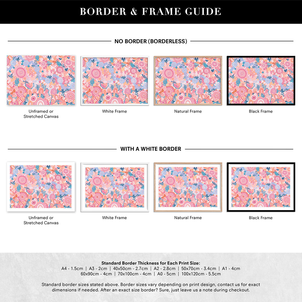 Flourishing in Rainbow  - Art Print by Leah Cummins, Poster, Stretched Canvas or Framed Wall Art, Showing White , Black, Natural Frame Colours, No Frame (Unframed) or Stretched Canvas, and With or Without White Borders