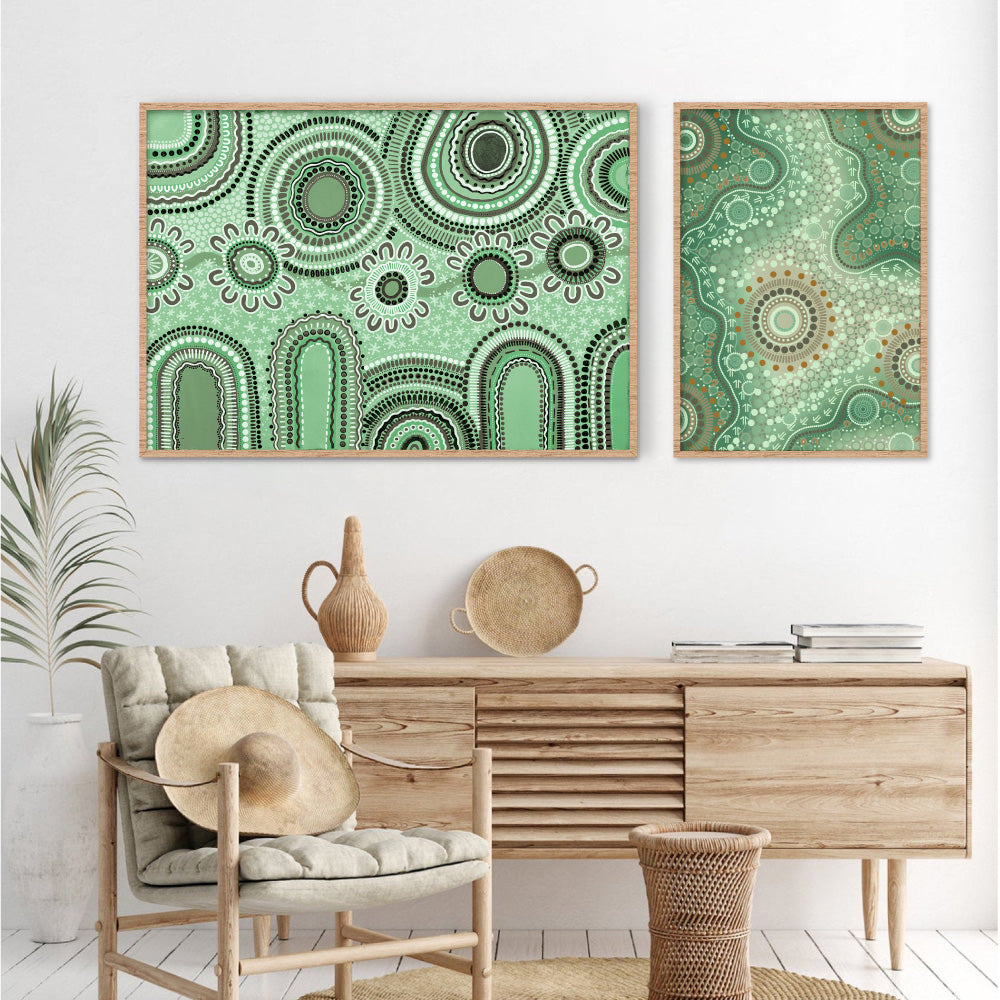 Journey in Green  - Art Print by Leah Cummins, Poster, Stretched Canvas or Framed Wall Art, shown framed in a home interior space