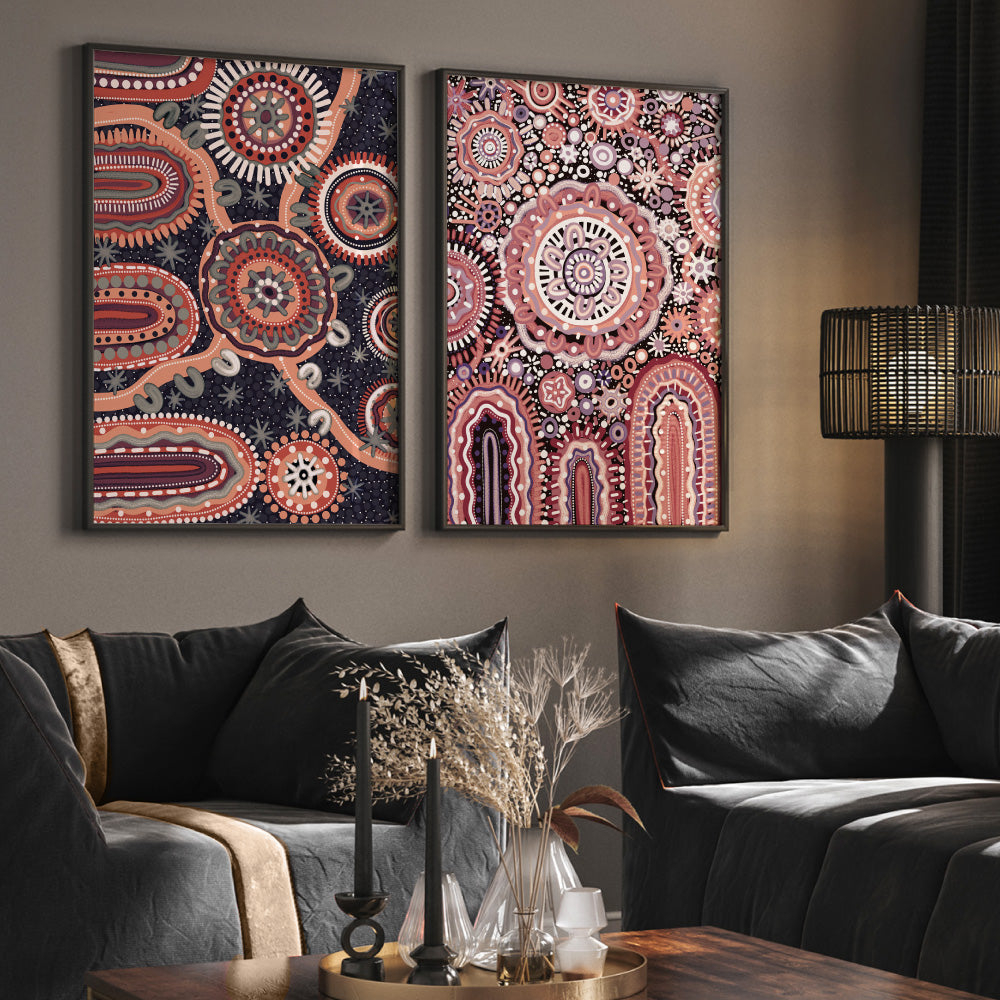 Land Over Mountains - Art Print by Leah Cummins, Poster, Stretched Canvas or Framed Wall Art, shown framed in a home interior space