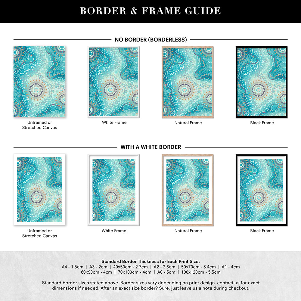 Blooming Edition 2 Blue - Art Print by Leah Cummins, Poster, Stretched Canvas or Framed Wall Art, Showing White , Black, Natural Frame Colours, No Frame (Unframed) or Stretched Canvas, and With or Without White Borders