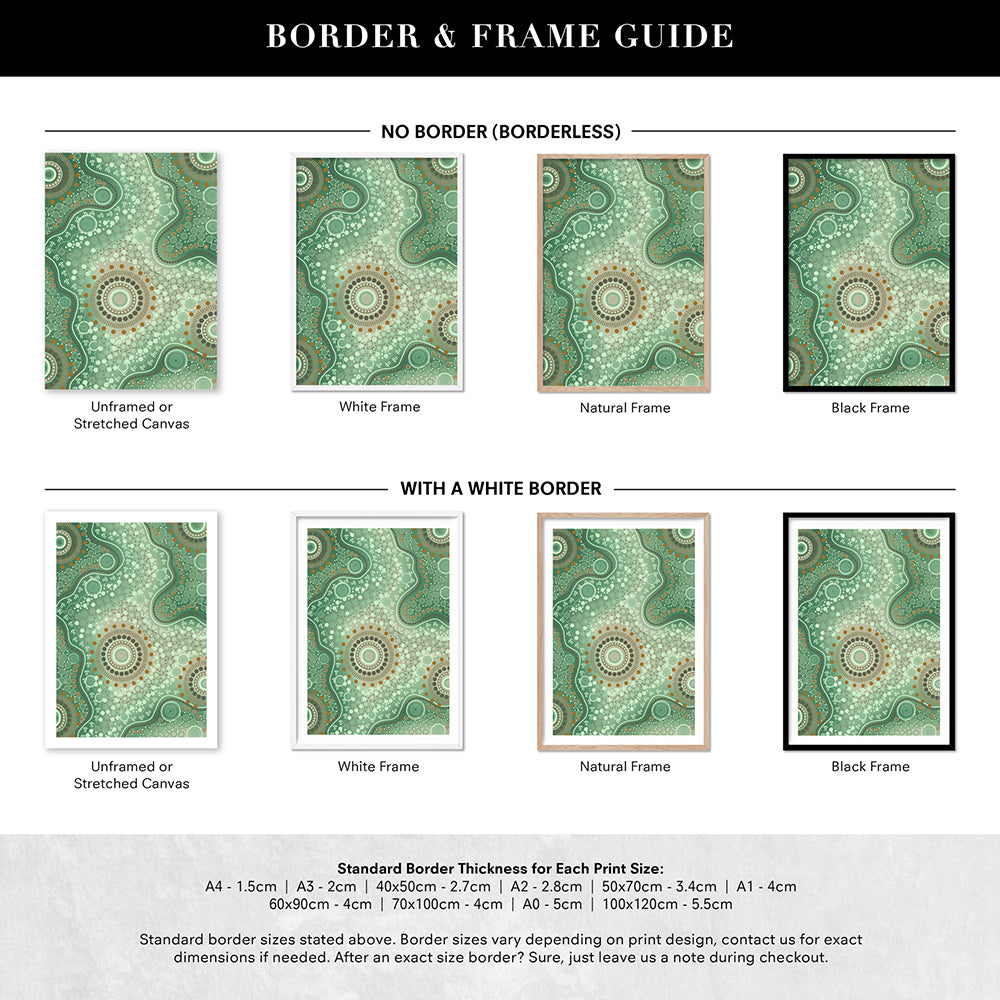Blooming Edition 2 Green - Art Print by Leah Cummins, Poster, Stretched Canvas or Framed Wall Art, Showing White , Black, Natural Frame Colours, No Frame (Unframed) or Stretched Canvas, and With or Without White Borders