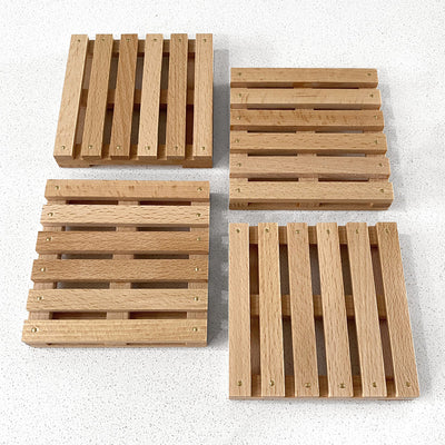 Mini Pallet Wooden Coasters. Set of 4, Flat lay view.