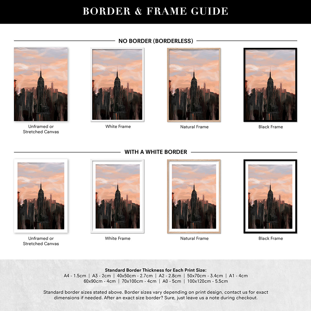 New York Vibe - Art Print by Nicole Schafter, Poster, Stretched Canvas or Framed Wall Art, Showing White , Black, Natural Frame Colours, No Frame (Unframed) or Stretched Canvas, and With or Without White Borders