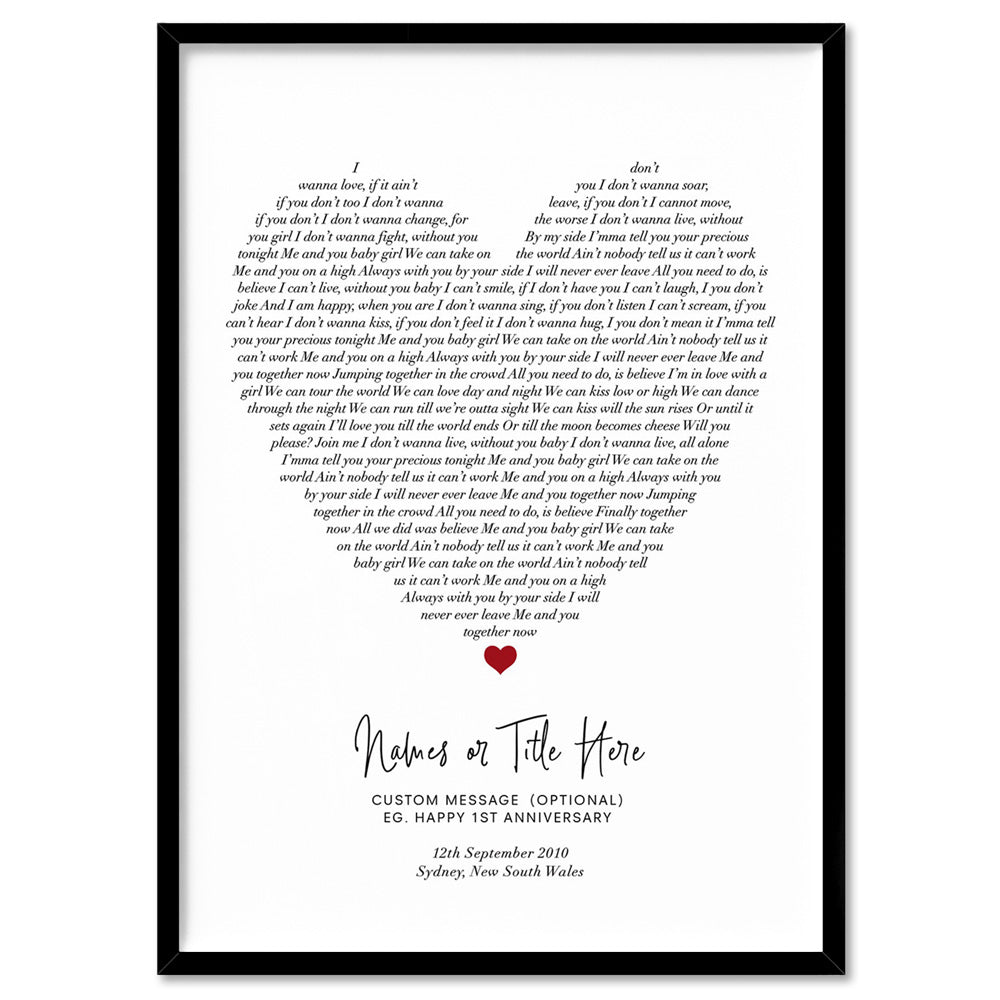 Heart Song Lyrics - Art Print, Poster, Stretched Canvas, or Framed Wall Art Print, shown in a black frame
