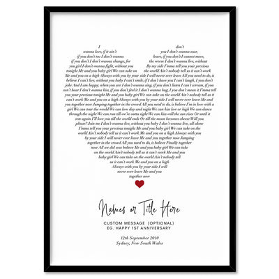 Heart Song Lyrics - Art Print, Poster, Stretched Canvas, or Framed Wall Art Print, shown in a black frame