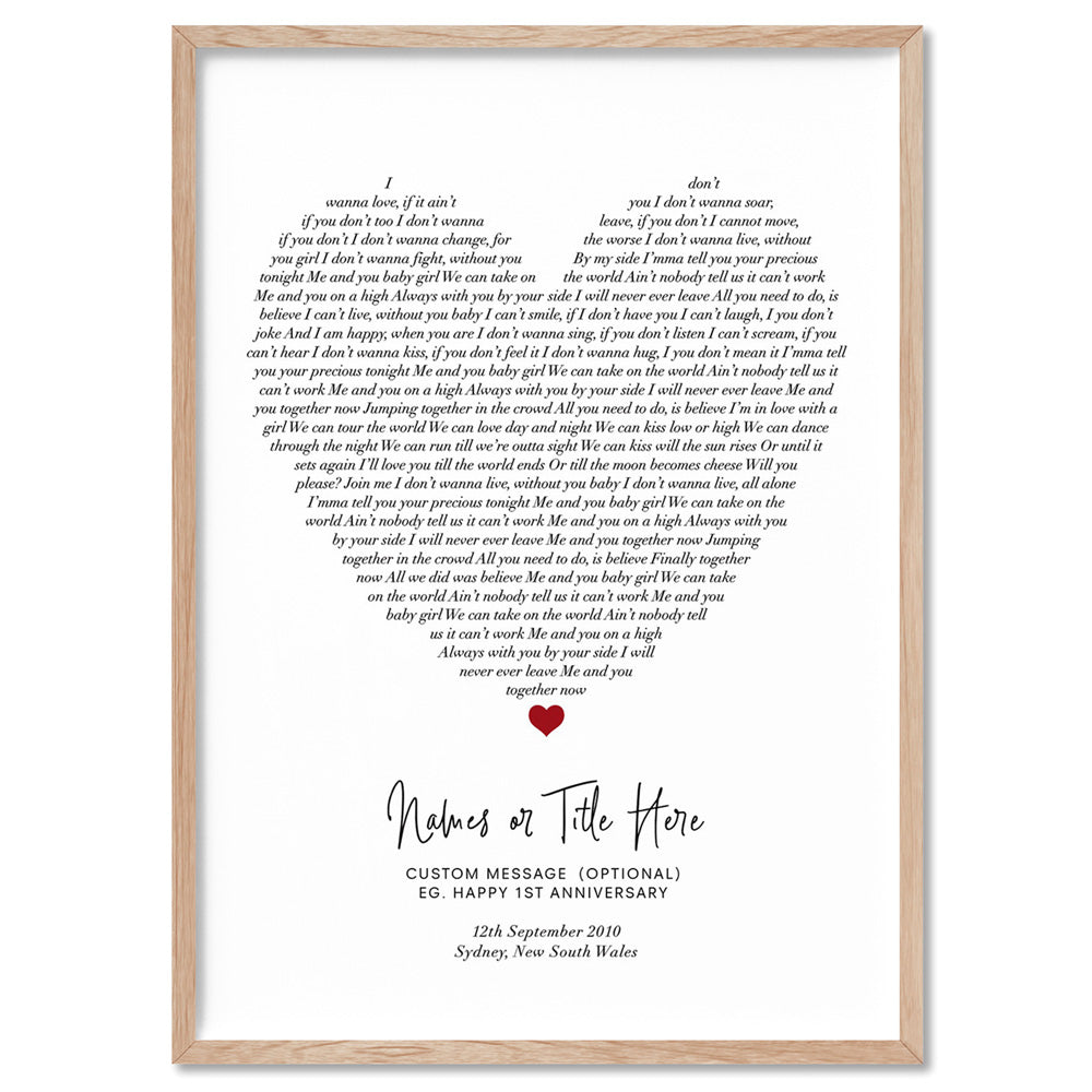 Heart Song Lyrics - Art Print, Poster, Stretched Canvas, or Framed Wall Art Print, shown in a natural timber frame