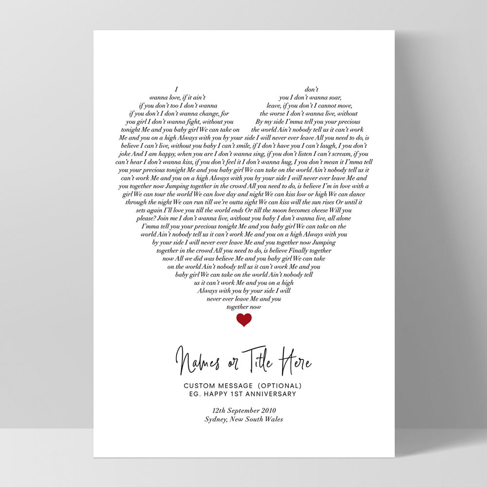 Heart Song Lyrics - Art Print, Poster, Stretched Canvas, or Framed Wall Art Print, shown as a stretched canvas or poster without a frame