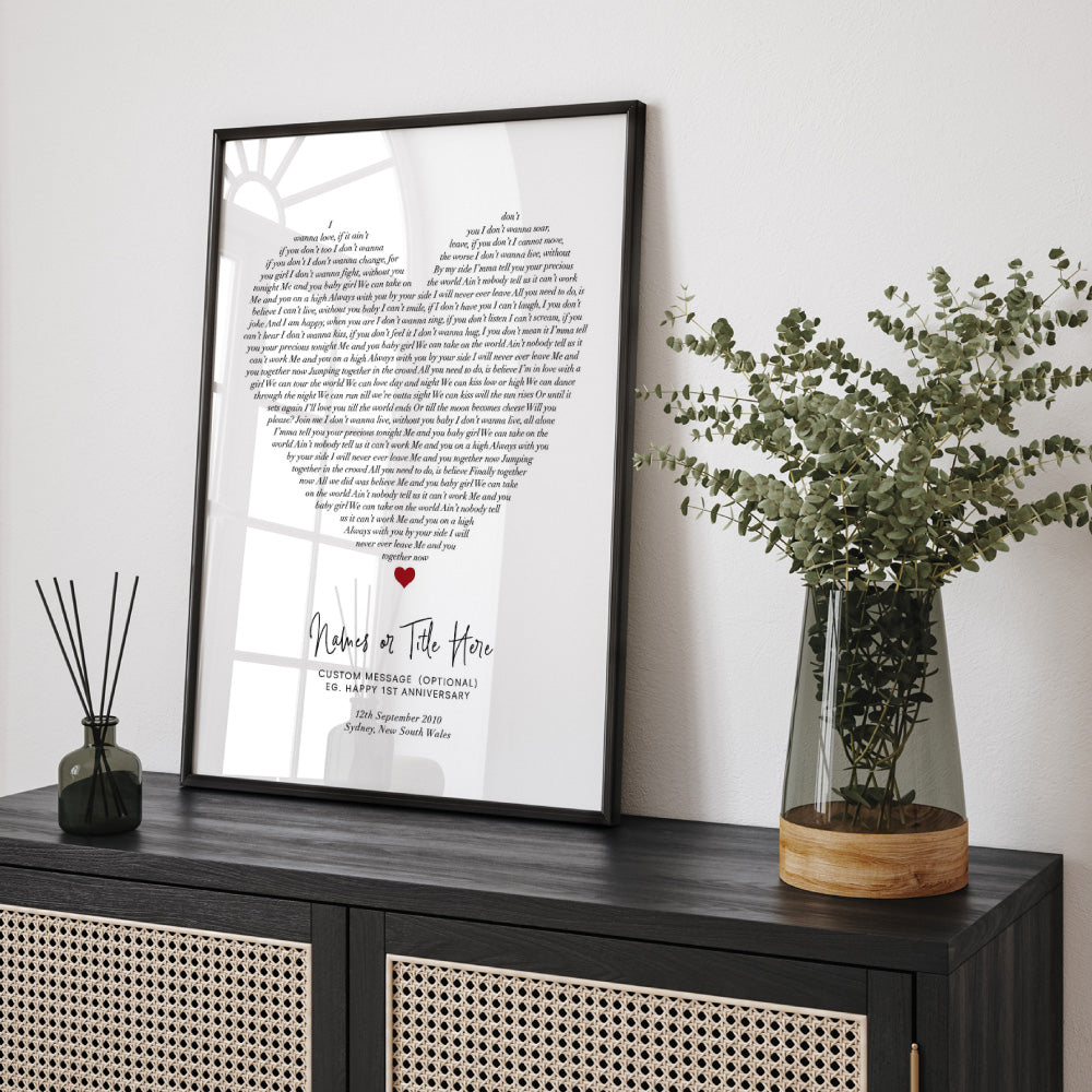 Heart Song Lyrics - Art Print, Poster, Stretched Canvas or Framed Wall Art Prints, shown framed in a room