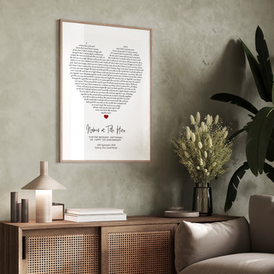 Heart Song Lyrics - Art Print, Poster, Stretched Canvas or Framed Wall Art, shown framed in a home interior space