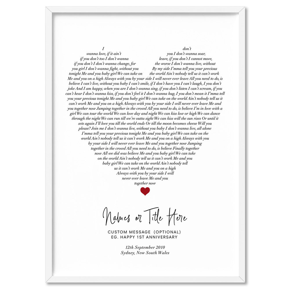 Heart Song Lyrics - Art Print, Poster, Stretched Canvas, or Framed Wall Art Print, shown in a white frame