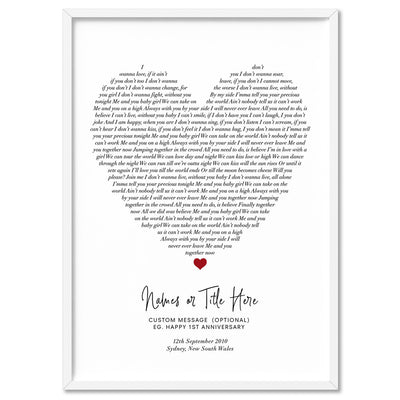 Heart Song Lyrics - Art Print, Poster, Stretched Canvas, or Framed Wall Art Print, shown in a white frame