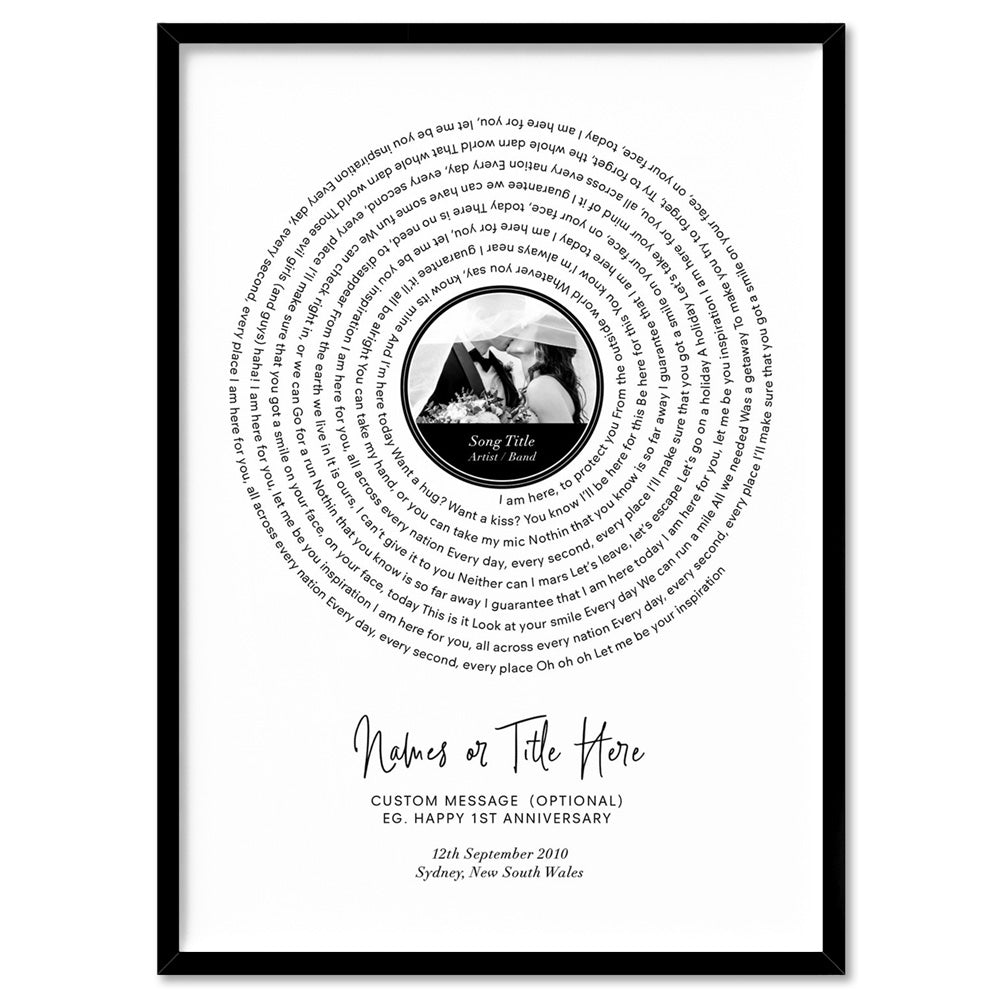 Custom Lyrics Vinyl Record Style | Song and Photo - Art Print, Poster, Stretched Canvas, or Framed Wall Art Print, shown in a black frame