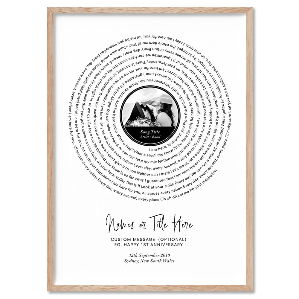 Custom Lyrics Vinyl Record Style | Song and Photo - Art Print, Poster, Stretched Canvas, or Framed Wall Art Print, shown in a natural timber frame