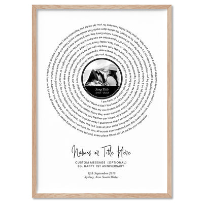 Custom Lyrics Vinyl Record Style | Song and Photo - Art Print, Poster, Stretched Canvas, or Framed Wall Art Print, shown in a natural timber frame