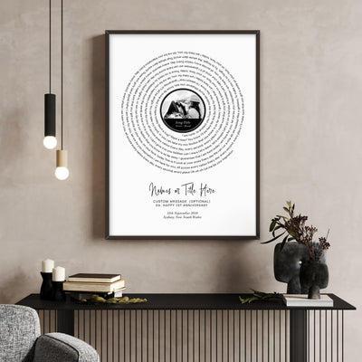 Custom Lyrics Vinyl Record Style | Song and Photo - Art Print, Poster, Stretched Canvas or Framed Wall Art, shown framed in a home interior space
