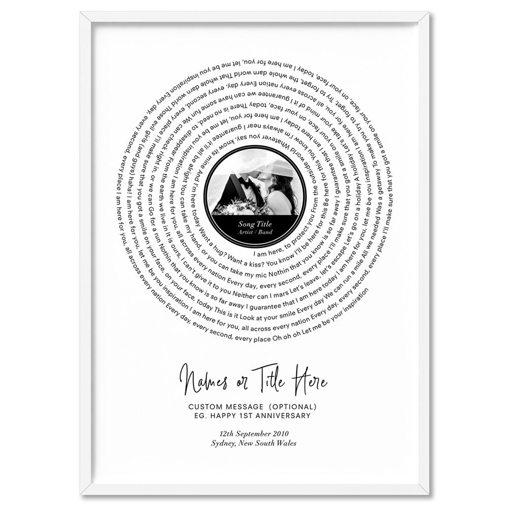 Custom Lyrics Vinyl Record Style | Song and Photo - Art Print, Poster, Stretched Canvas, or Framed Wall Art Print, shown in a white frame
