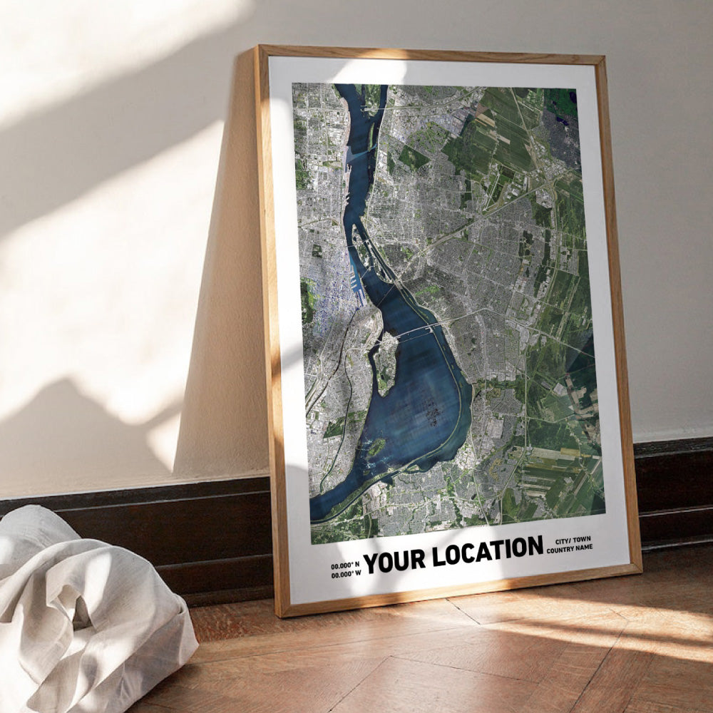 Custom Aerial Satellie Map | Your Location - Art Print, Poster, Stretched Canvas or Framed Wall Art Prints, shown framed in a room