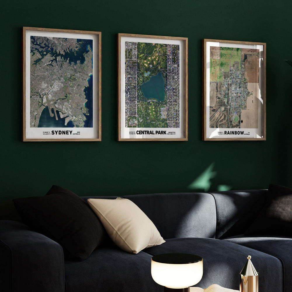 Custom Aerial Satellie Map | Your Location - Art Print, Poster, Stretched Canvas or Framed Wall Art, shown framed in a home interior space
