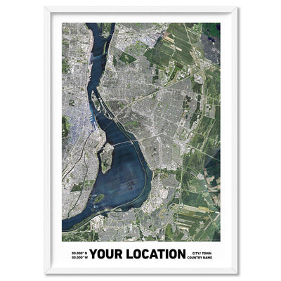 Custom Aerial Satellie Map | Your Location - Art Print, Poster, Stretched Canvas, or Framed Wall Art Print, shown in a white frame