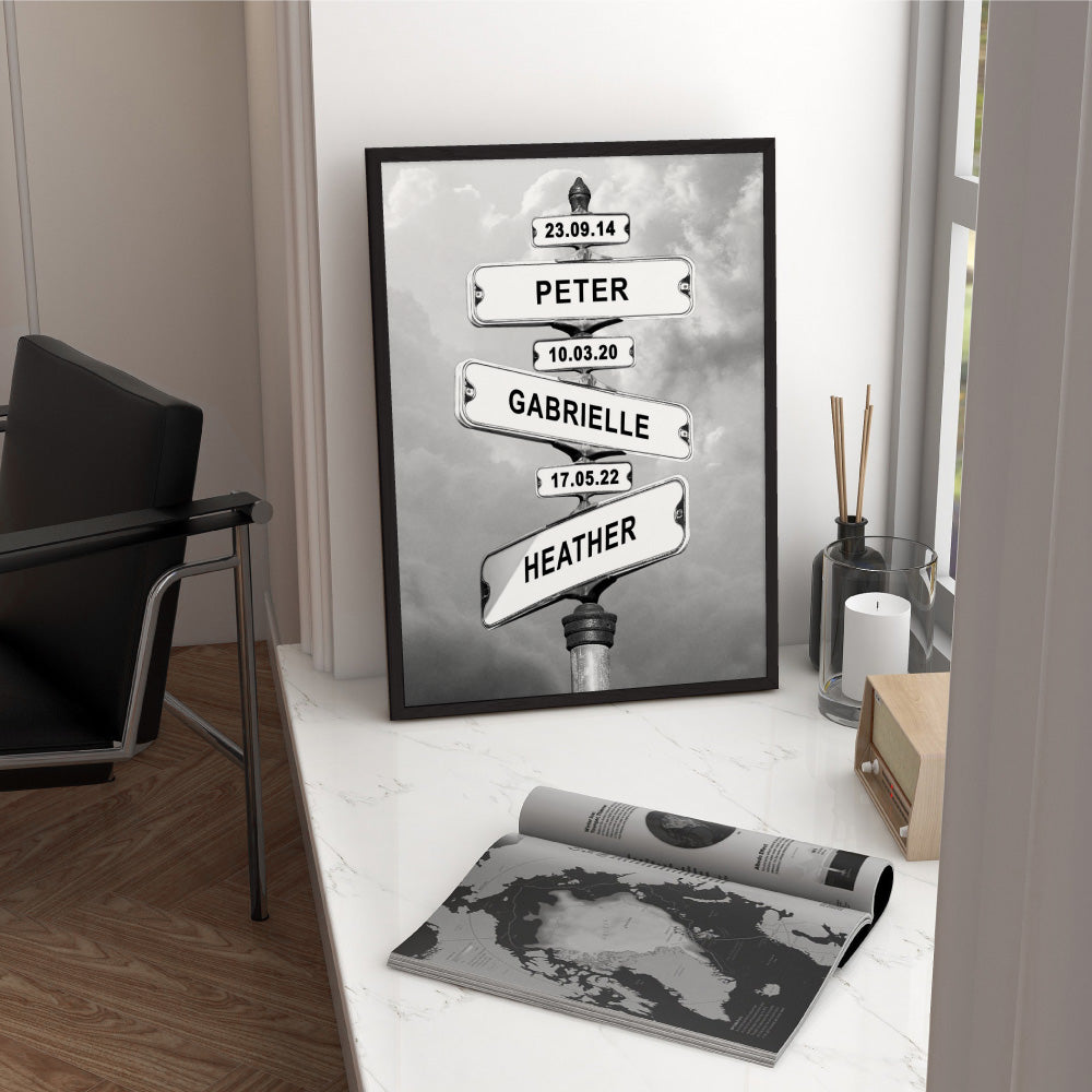 Custom Street Signs - Art Print, Poster, Stretched Canvas or Framed Wall Art Prints, shown framed in a room