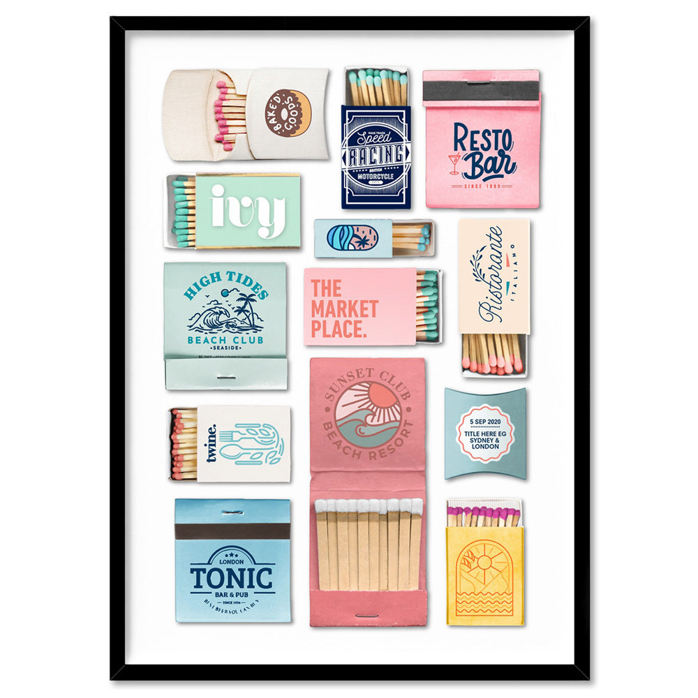 Custom Matchbox Art | Your Details - Art Print, Poster, Stretched Canvas, or Framed Wall Art Print, shown in a black frame
