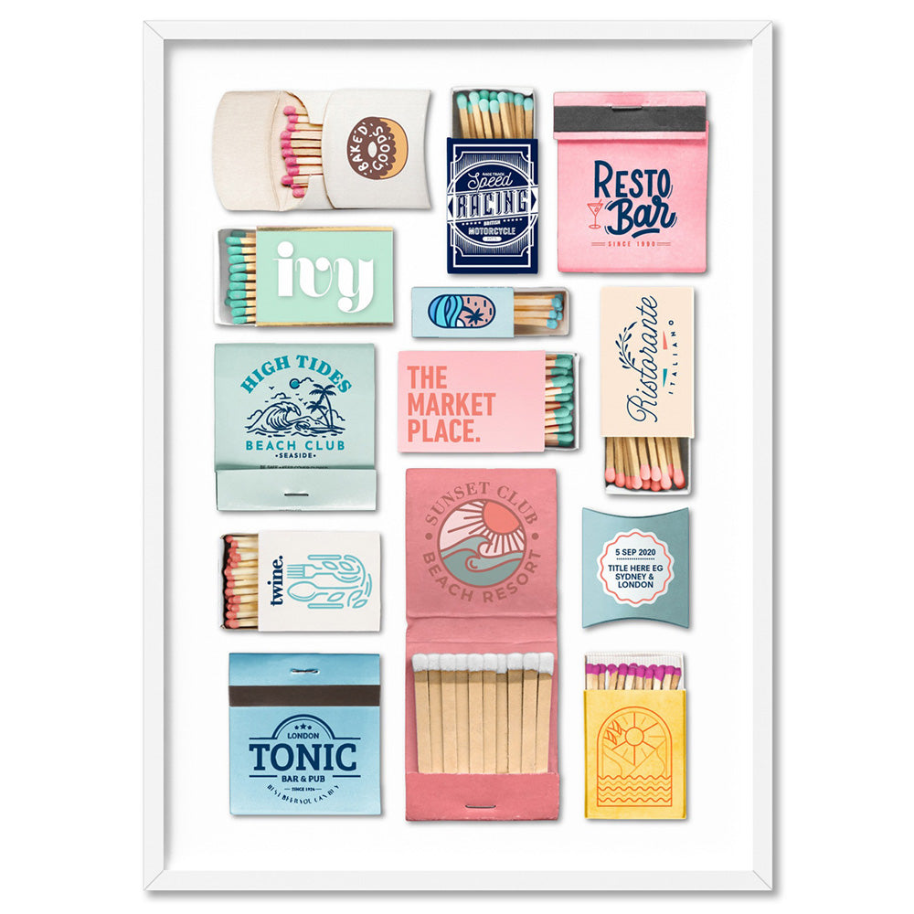 Custom Matchbox Art | Your Details - Art Print, Poster, Stretched Canvas, or Framed Wall Art Print, shown in a white frame