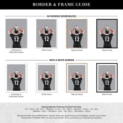 Custom Rugby Player - Art Print, Poster, Stretched Canvas or Framed Wall Art, Showing White , Black, Natural Frame Colours, No Frame (Unframed) or Stretched Canvas, and With or Without White Borders