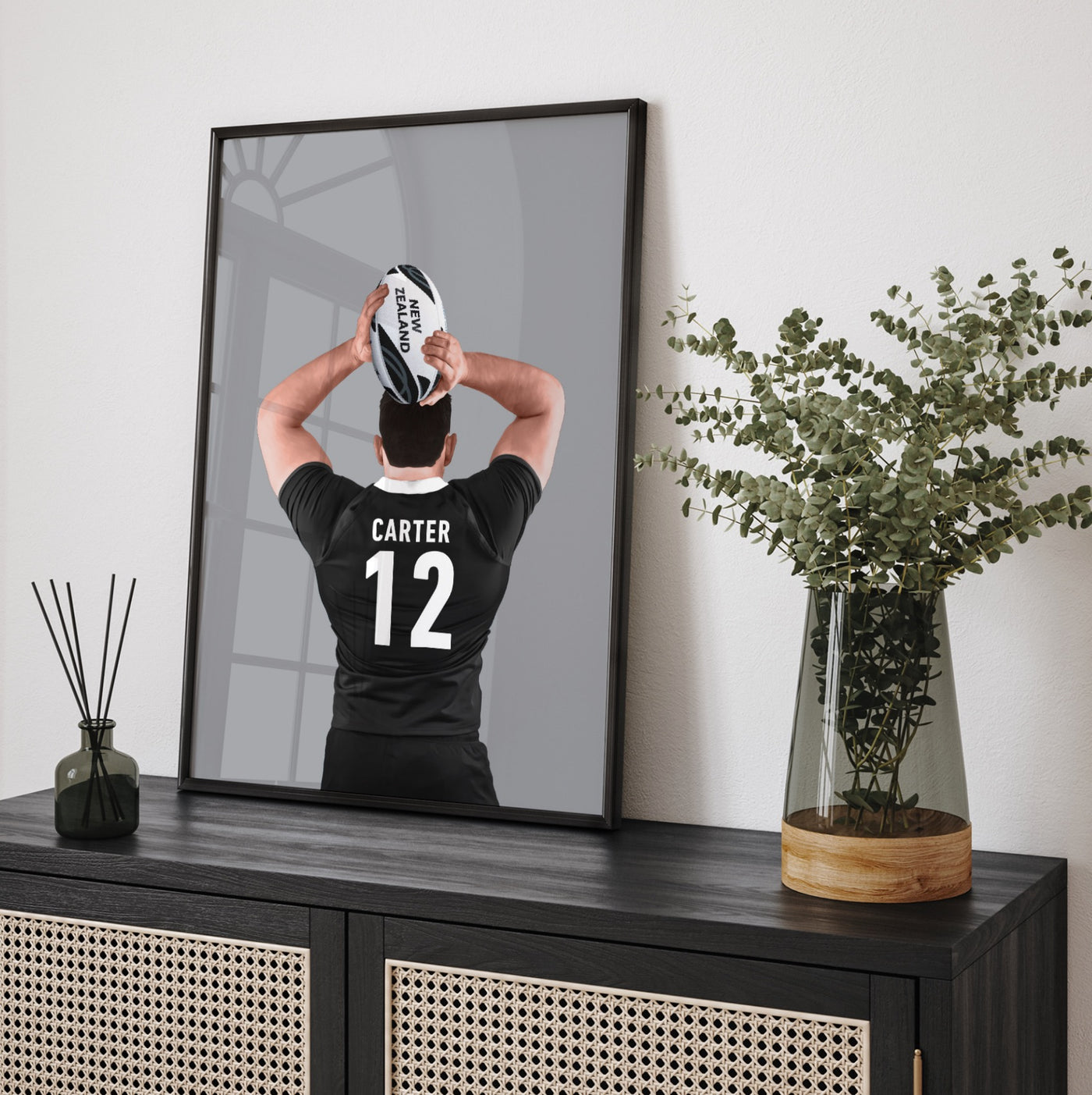 Custom Rugby Player - Art Print, Poster, Stretched Canvas or Framed Wall Art, shown framed in a home interior space