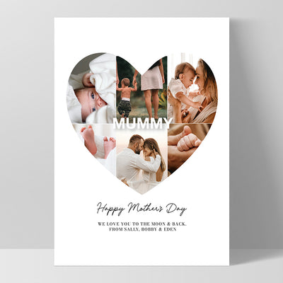 Custom Mothers Day Heart Photo Collage - Art Print, Poster, Stretched Canvas, or Framed Wall Art Print, shown as a stretched canvas or poster without a frame