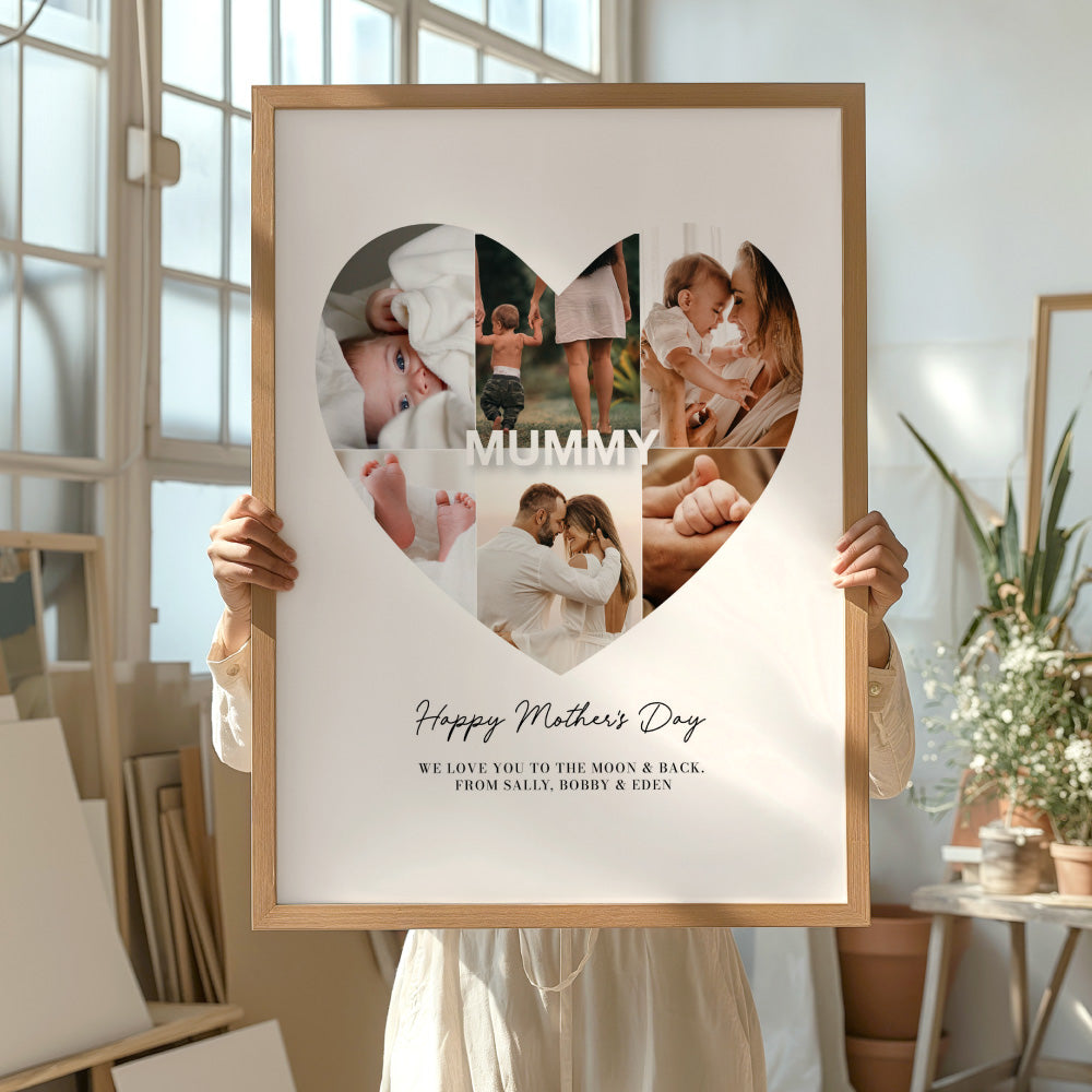 Custom Mothers Day Heart Photo Collage - Art Print, Poster, Stretched Canvas or Framed Wall Art, shown framed in a home interior space