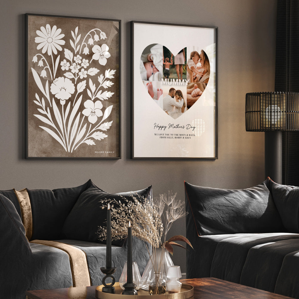 Custom Mothers Day Heart Photo Collage - Art Print, Poster, Stretched Canvas or Framed Wall Art, Close up View of Print Resolution