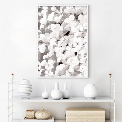 White Hydrangea Detail - Art Print, Poster, Stretched Canvas or Framed Wall Art Prints, shown framed in a room
