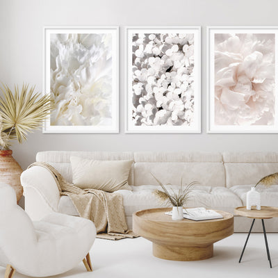 White Hydrangea Detail - Art Print, Poster, Stretched Canvas or Framed Wall Art, shown framed in a home interior space