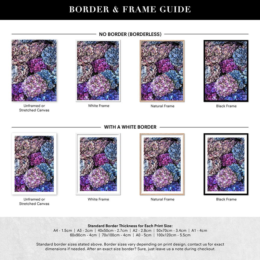 Purple & Pink Hydrangea Detail - Art Print, Poster, Stretched Canvas or Framed Wall Art, Showing White , Black, Natural Frame Colours, No Frame (Unframed) or Stretched Canvas, and With or Without White Borders