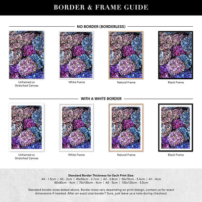 Purple & Pink Hydrangea Detail - Art Print, Poster, Stretched Canvas or Framed Wall Art, Showing White , Black, Natural Frame Colours, No Frame (Unframed) or Stretched Canvas, and With or Without White Borders