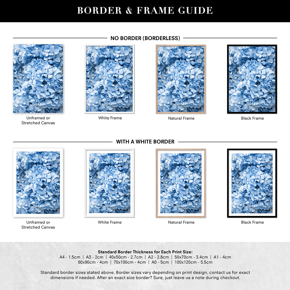 Blue Hydrangea Detail - Art Print, Poster, Stretched Canvas or Framed Wall Art, Showing White , Black, Natural Frame Colours, No Frame (Unframed) or Stretched Canvas, and With or Without White Borders