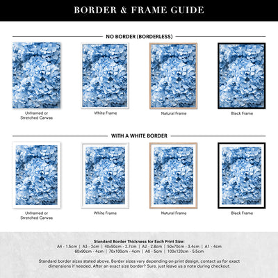 Blue Hydrangea Detail - Art Print, Poster, Stretched Canvas or Framed Wall Art, Showing White , Black, Natural Frame Colours, No Frame (Unframed) or Stretched Canvas, and With or Without White Borders