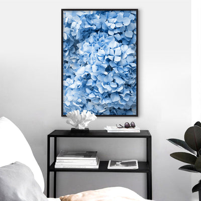 Blue Hydrangea Detail - Art Print, Poster, Stretched Canvas or Framed Wall Art Prints, shown framed in a room