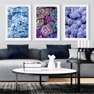Blue Hydrangea Detail - Art Print, Poster, Stretched Canvas or Framed Wall Art, shown framed in a home interior space