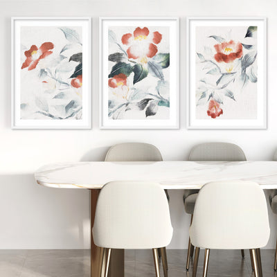 Oriental Paper Flowers Linen I - Art Print, Poster, Stretched Canvas or Framed Wall Art, shown framed in a home interior space
