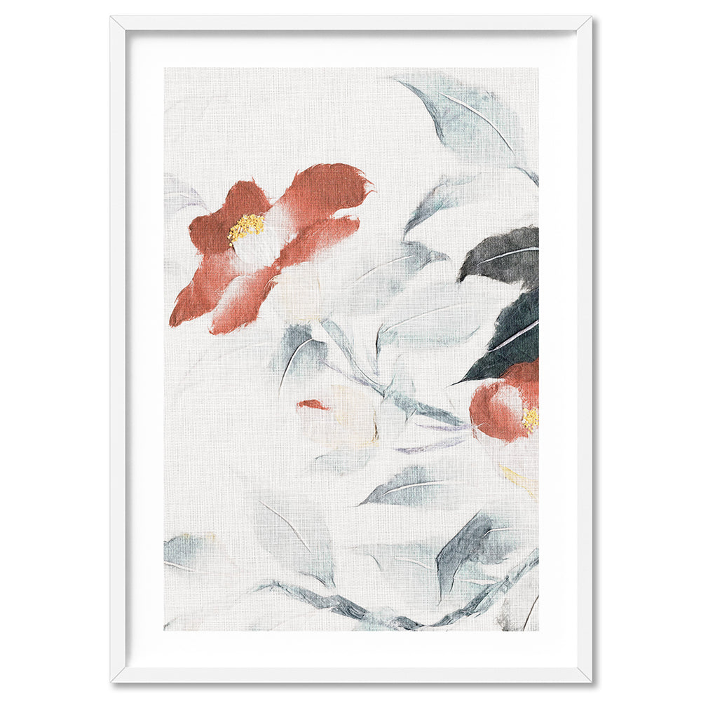 Oriental Paper Flowers Linen I - Art Print, Poster, Stretched Canvas, or Framed Wall Art Print, shown in a white frame
