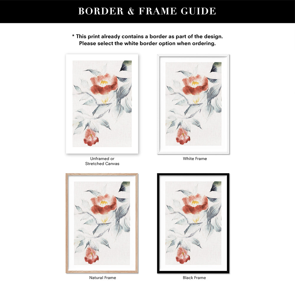 Oriental Paper Flowers Linen II - Art Print, Poster, Stretched Canvas or Framed Wall Art, Showing White , Black, Natural Frame Colours, No Frame (Unframed) or Stretched Canvas, and With or Without White Borders
