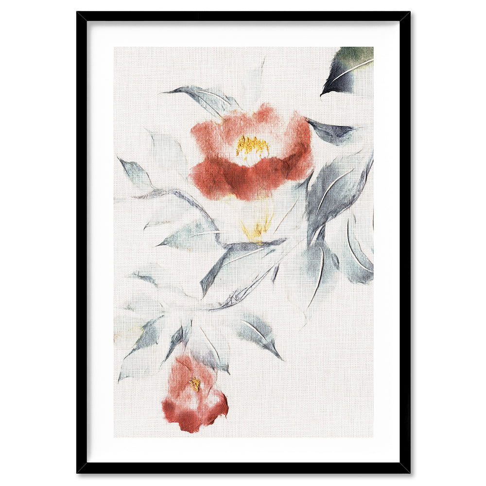 Oriental Paper Flowers Linen II - Art Print, Poster, Stretched Canvas, or Framed Wall Art Print, shown in a black frame