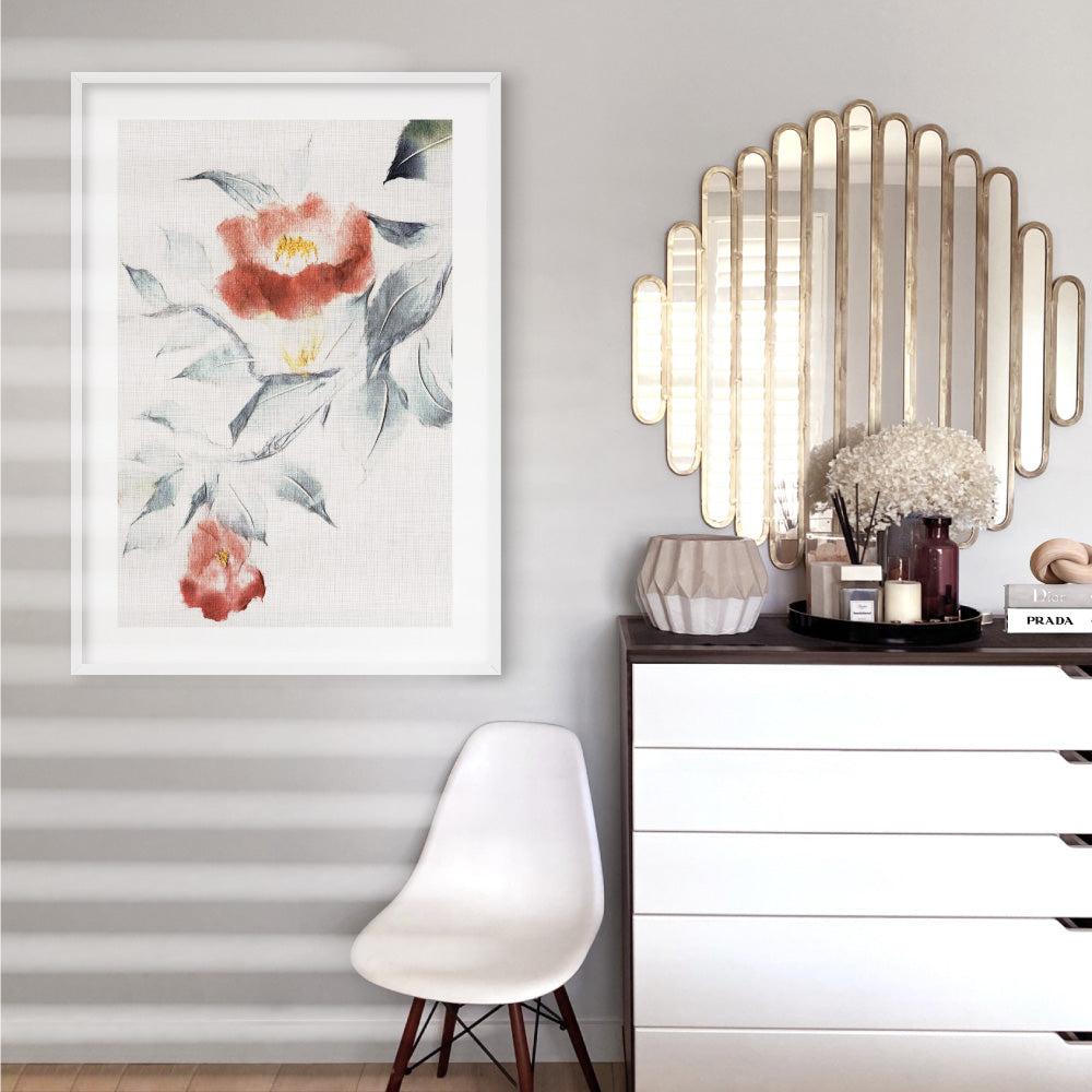 Oriental Paper Flowers Linen II - Art Print, Poster, Stretched Canvas or Framed Wall Art Prints, shown framed in a room