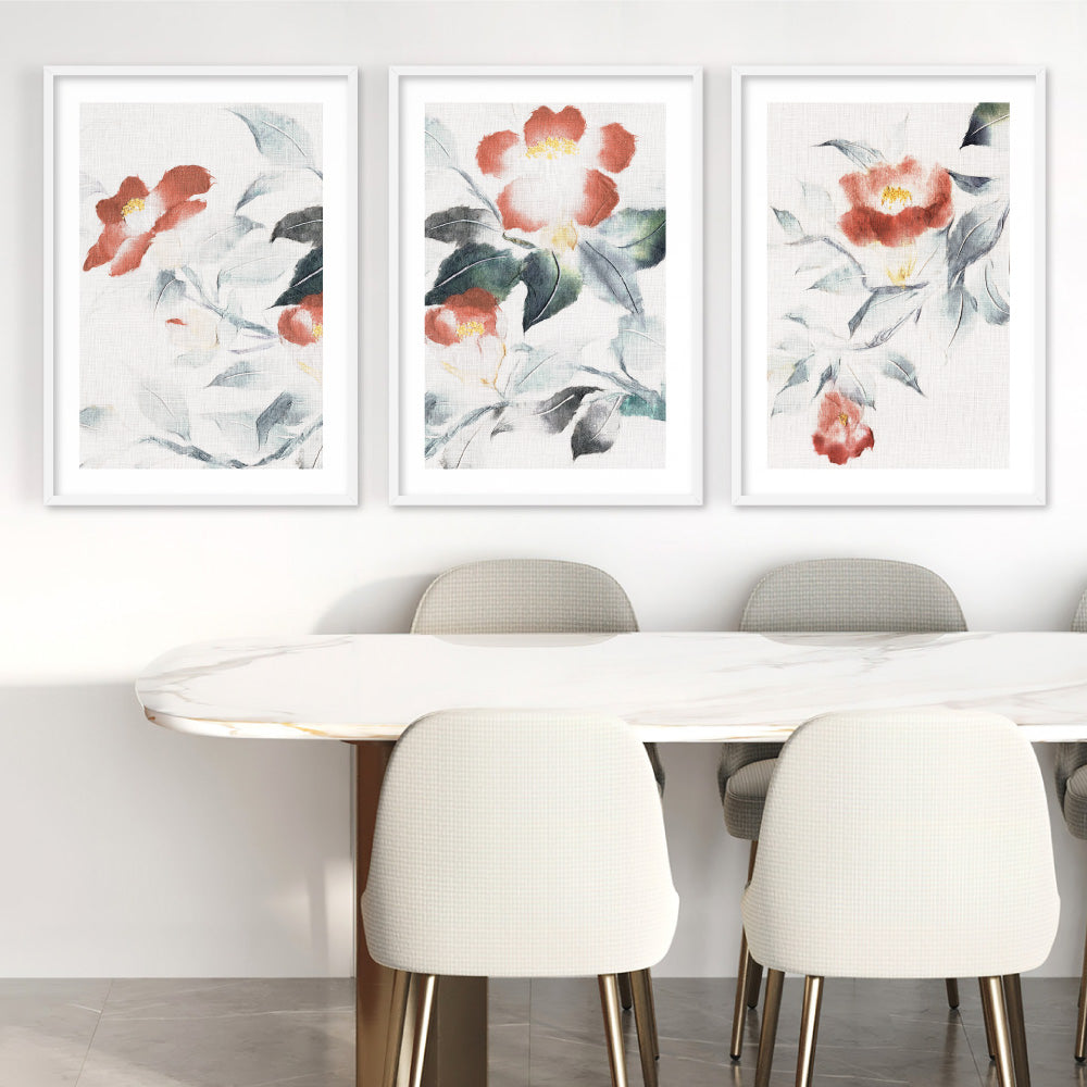 Oriental Paper Flowers Linen II - Art Print, Poster, Stretched Canvas or Framed Wall Art, shown framed in a home interior space