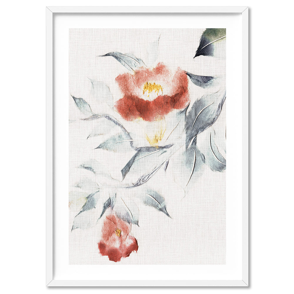 Oriental Paper Flowers Linen II - Art Print, Poster, Stretched Canvas, or Framed Wall Art Print, shown in a white frame
