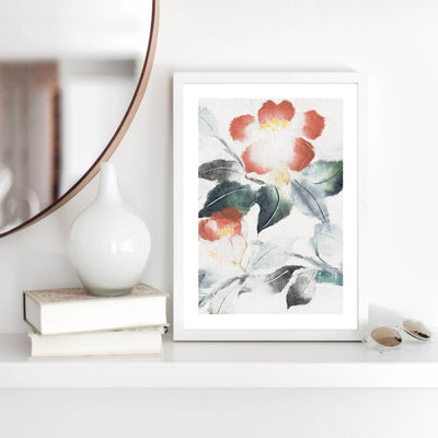 Oriental Paper Flowers Linen III - Art Print, Poster, Stretched Canvas or Framed Wall Art Prints, shown framed in a room
