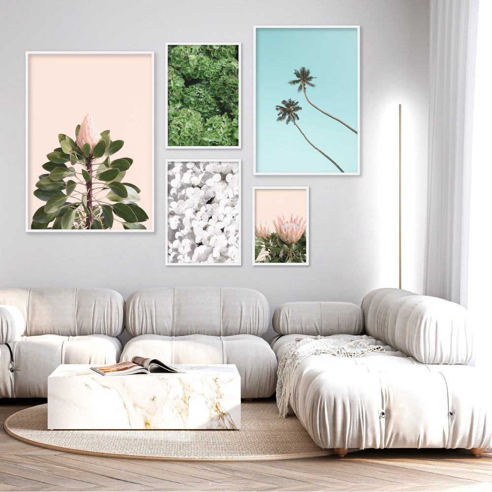 King Protea en Blush - Art Print, Poster, Stretched Canvas or Framed Wall Art, shown framed in a home interior space