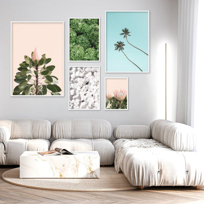 King Protea en Blush - Art Print, Poster, Stretched Canvas or Framed Wall Art, shown framed in a home interior space