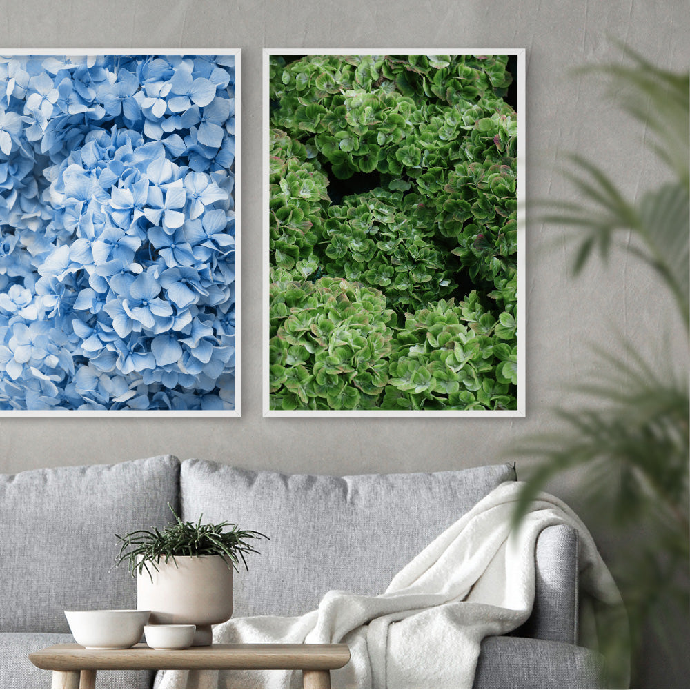 Green Hydrangea Detail - Art Print, Poster, Stretched Canvas or Framed Wall Art, shown framed in a home interior space
